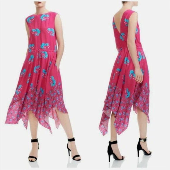Maje Rushia Dress Midi Sleeveless Handkerchief Hem  Floral Pink Blue Size Large - Picture 1 of 13